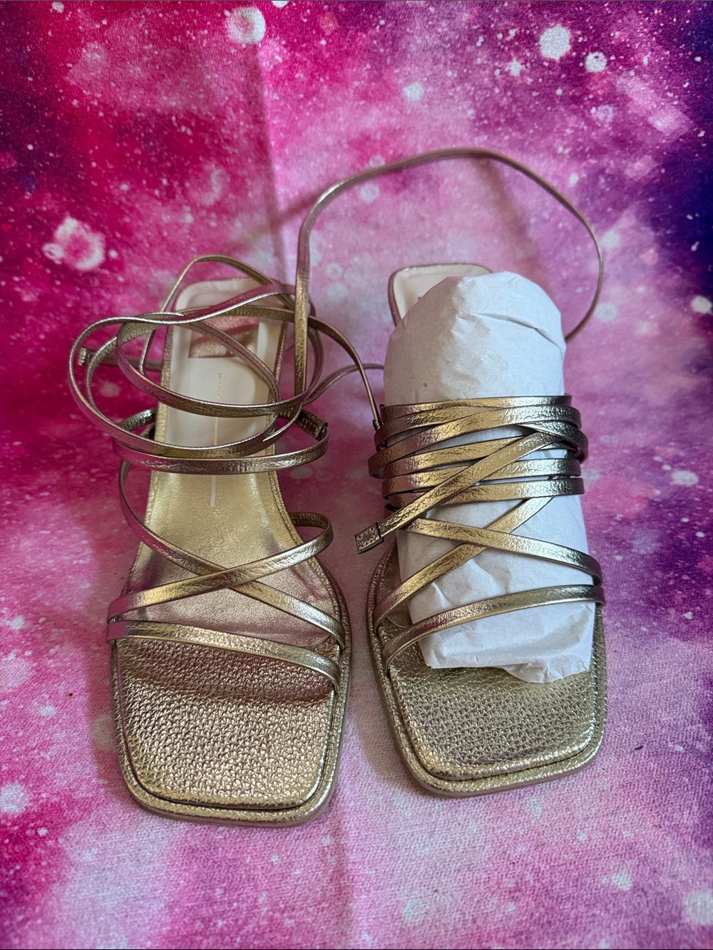 Dolce Vita Gold Metallic Wrap-Strap Mid Block Heel Sandals